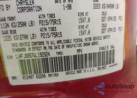 1998 Jeep Cherokee Classic/Sport из США, поврежденный, VIN 1J4FJ68S7WL192924